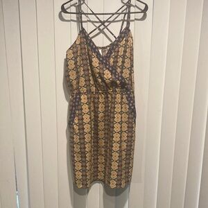 Xhilavation Women Elegant Patterned Dress in Blue and Gold With Pockets Size XL